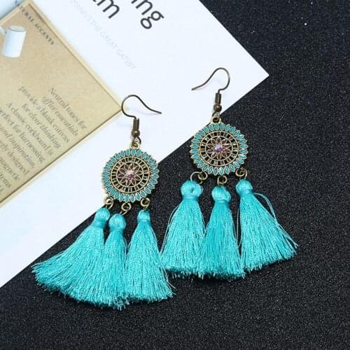 European And American Fan Tassel Earrings Lake Blue Ancient Bronze For Presents Wedding Party Bridal Jewelry Gift