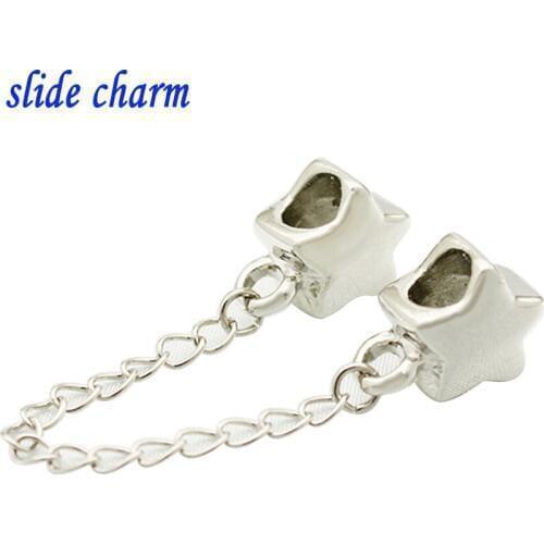 Slide charm Free shipping Europe and five-pointed star safety chain charm beads fit Pandora bracelet