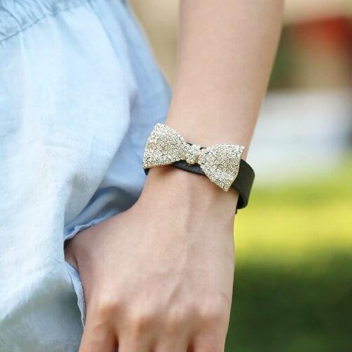 Rhinestone Bowknot Bracelet Women Fashion Bracelets PU Leather Bracelet Korean Trendy Punk Bangle Hand Jewelry Accessories Gift
