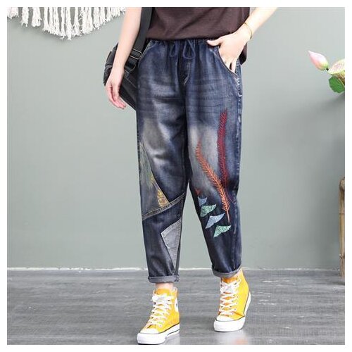 Loose plus size jeans womens elastic high waist ethnic embroidery harem pants embroidery stitching patch cropped womens pants