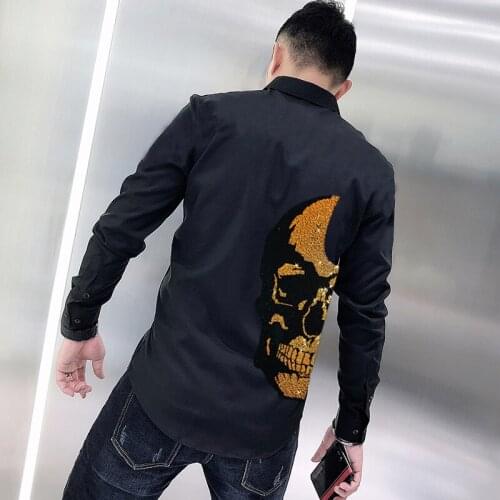 Trend Rhinestone Design Skull Mens T-Shirt Exquisite Button Lapel Business Long Sleeve Formal Personalized Workwear