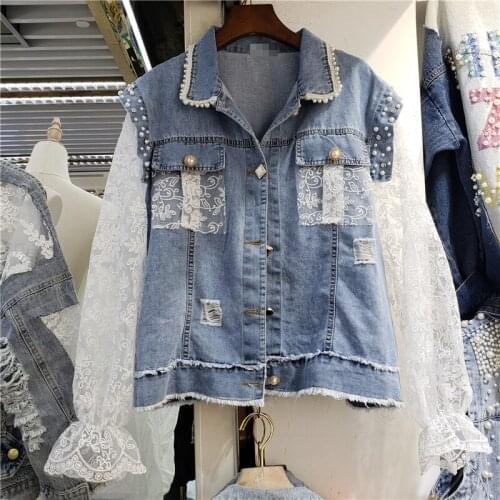 Flare Lace Sleeve Patch Denim Jacket For Women Summer Coat Handmade Beaded Mesh Patchwork Jeans Loose Lady Slimming Short Top