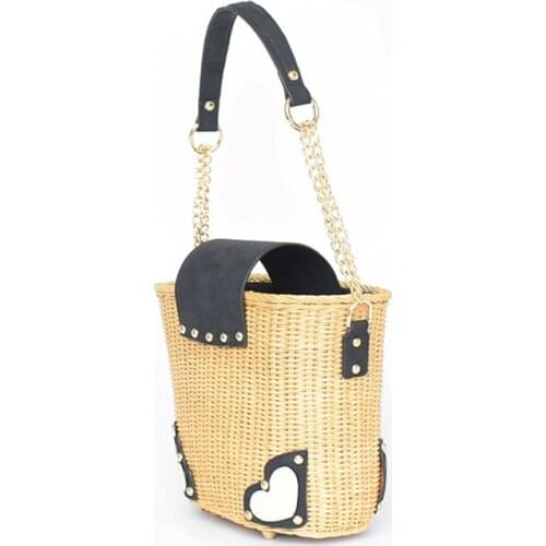 2020 new style women bag long metal handle rattan weaving bag with pu leather opening casual tote bag with lining fabric handbag
