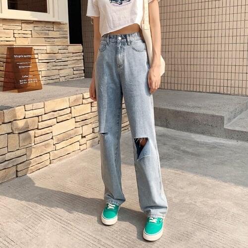 Women Wide Leg Casual 2021 Street Style Ripped Denim Ladie long Pants Jeans Vintage Retro able Quality Hole Fashion trousers