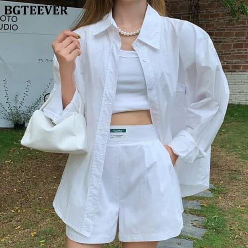 BGTEEVER Summer Casual Loose Women Solid Tracksuit Long Sleeve Single-breasted Shirts & Wide Leg Shorts Ladies 2 Pieces Set 2021