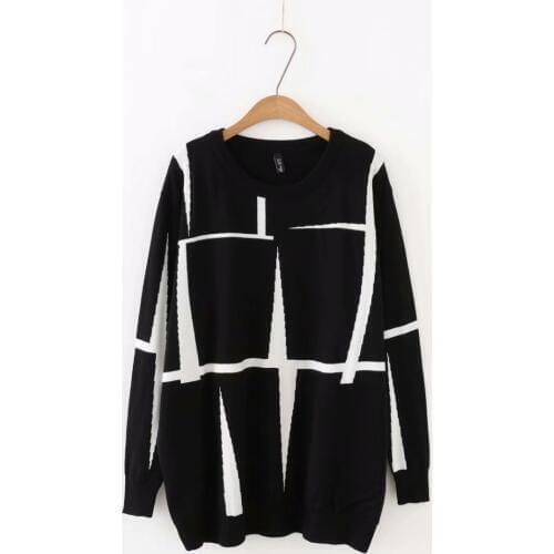 Plus size autumn O-Neck Long sleeves women Knitted pullovers 2018 casual black & gray geometric ladies sweater wool female 5XL