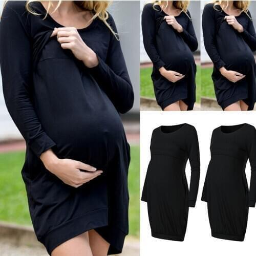 4# Womens Maternity Pregnanty Long Sleeve Solid Dress With Pocket Autumn Winter Maternity Nightdress Cotton Pregnant Casual