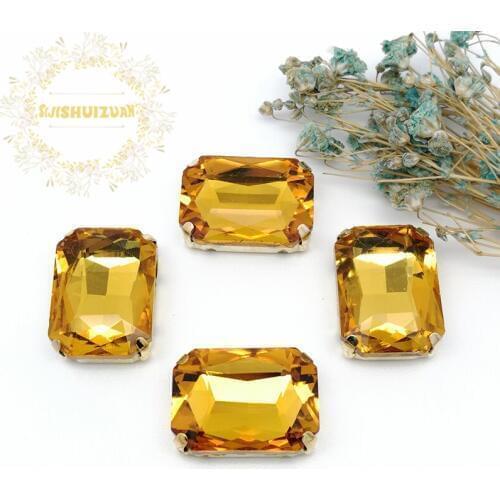 Golden yellow Rectangular Crystal Glass Sewing Rhinestones with gold Claw Rhinestones for Diy wedding Dress and Bags