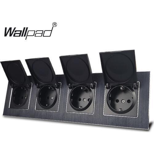 4 Way EU Socket with Cover Wallpad 110V-240V Metal Aluminum Frame 16A 300*86mm Quadruple Dust Cap EU Power Outlet with Clips