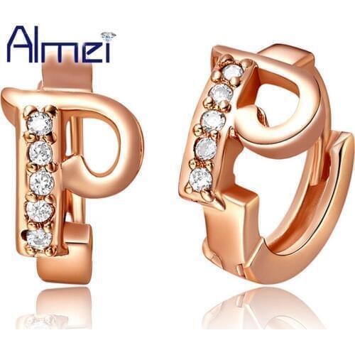 Almei 15%Off 2017 High Quality Letter P Rhinestone Earrings for Women Silver Color Fashion Jewelry Pendientes Stud Earring R614