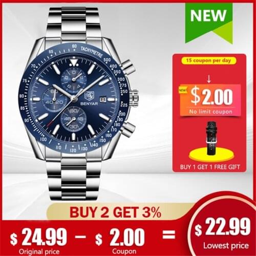 BENYAR Men Watches Top Brand Luxury Sport Quartz Chronograph Fashion Military Watch Men Stainless Steel Clock Relogio Masculino
