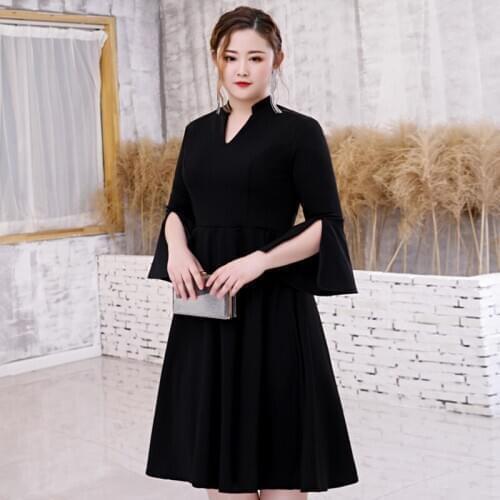Black V-Neck Evening Dresses A-line Ruched Three Quarter Sleeves Simple Women Party Dress Tea-length Plus Size Formal Gowns D430