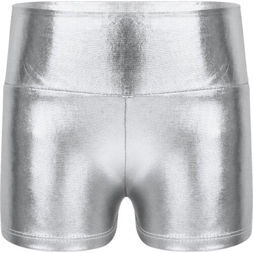 Kid Girls Dancewear Sports Dance Shorts Metallic Shiny High Waist Slim Fit Shorts Bottoms Activewear for Sport Gymnastic Workout