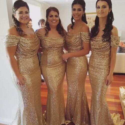 Elegant Off-the-Shoulder Gold Sequined Mermaid Bridesmaid Dresseses Long Ruched Sequin Cheap Party Dress For Wedding