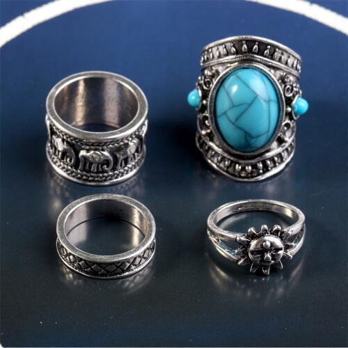 4pc charming miao silvers 925 Silver blue Chalcedony TURQUOISEs Rings Finger elephant Female Fashion Jewelry shipping free