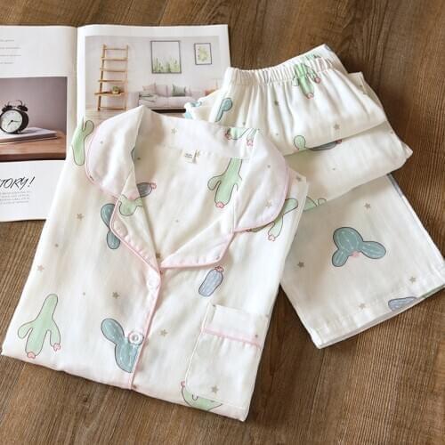 New Spring Long Sleeve 100% Cotton Pajamas Women Cactus Print Home Suit Summer Thin Soft Homewear Female Plus Size Sleepwear Set