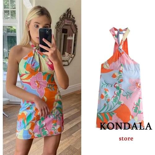 KONDALA Za 2021 Suumer Floral Print Halter Neck Mini Sheath Dress Women Off Shoulder Backless Y2K Beach Tank Dress Streetwear