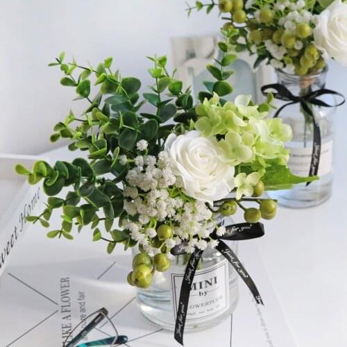 Modern Glass Vase+Artificial Flower Set Figurines Home Furnishing Decoration Crafts Wedding Gift Livingroom Silk Fake Flower Pot