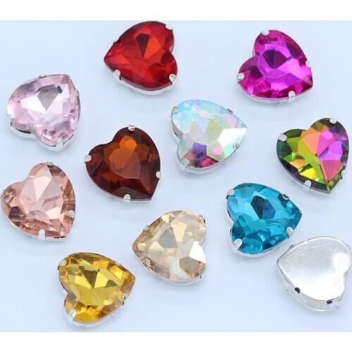 All Size heart shape sewing glass sew on crystal rhinestone silver base button jewel beads headwear shoes bag caps Garment craft