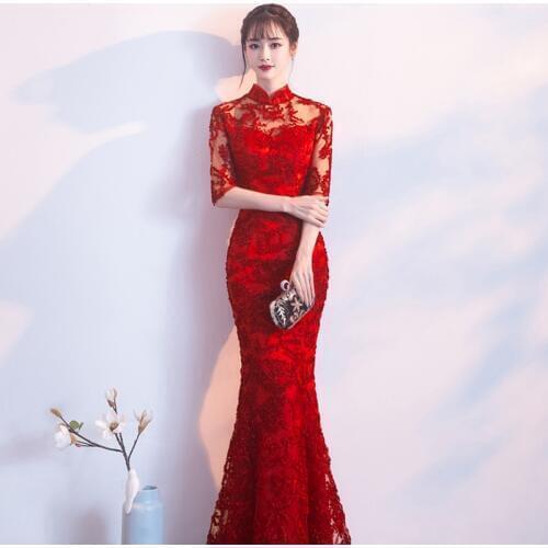 2020 New Lace Chinese Wedding Dress Women Slim Chongsam Female Chinese Traditional Dress Long/Short Sleeve Party Qipao