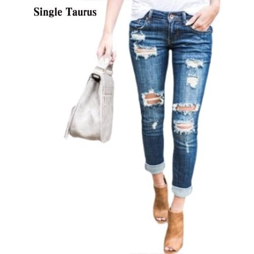 Europe America Fashion Cuffs Pants Women Slim Hole Elasticity Cotton Denim Skinny Pants Mujer Hollow Out Ripped Distressed Jeans