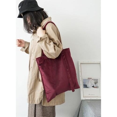 Women Velour Shoulder Bag Embroidery Letters Canvas Totes Handbags Soft Cotton Cloth Bag Ribbon Strap Square Shopping Bags