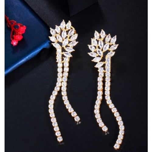 ThreeGraces 2020 Trendy Gold Color Long Dangle Drop Brides Earring for Wedding Shiny White Cubic Zirconia Ear Line Jewelry ER493