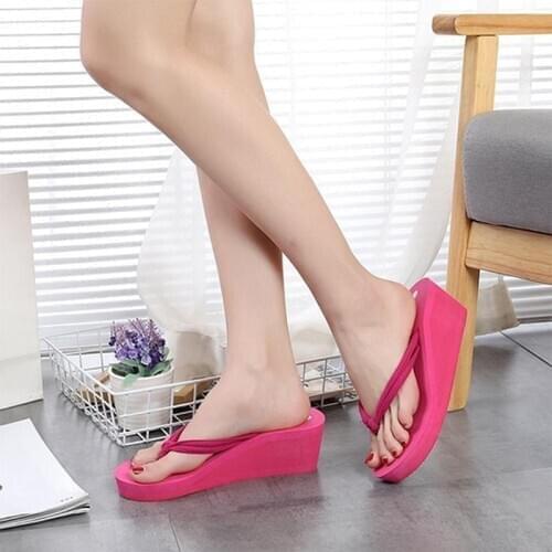 Woman Slippers Solid Color Non-Slip Feet Flip-Flops High-Heeled Wedges Beach Sandals Shoes Woman Sloffen Dames Обувь Женская
