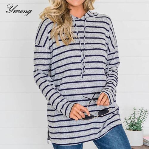 YMING Hoodies Sweatshirts Women Long Sleeve Pullover Striped Printed Hooded Jumper Female Streetwear Fashion Tracksuit Sportwear