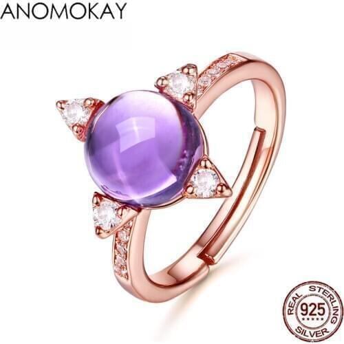 Anomokay Summer New Four-angle Claw Setting Purple Crystal Rose Gold Ring for Women Lover 925 Sterling Silver Female Ring Jewely