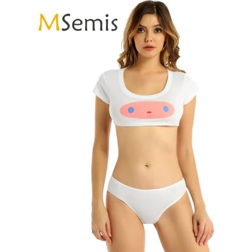 Womens Cartoon Printed Lingerie Suit Two-Piece Sleepwear Nightwear Round Neck Short Sleeve Crop Top with Briefs Panties