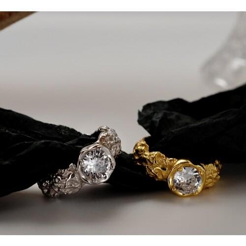 Korean simple S925 sterling silver cz diamond open ring female ins opening irregular bump texture index finger ring