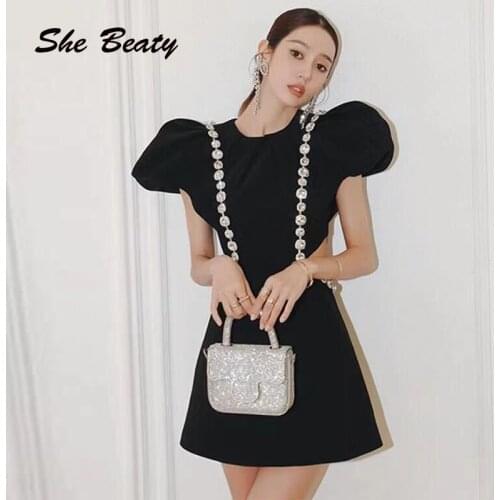 She Beaty Korean Fashion Women Dress Vintage Diamond Bling Shine Sexy Hollow Out Designer Puff Sleeve Black Mini Dresses Clothes