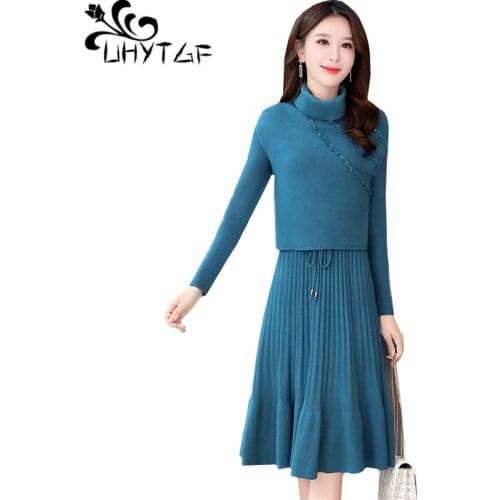 UHYTGF Women autumn winter two-piece knitted dress Turtleneck sleeveless sweater + long sleeve sweater long dress set Female 678
