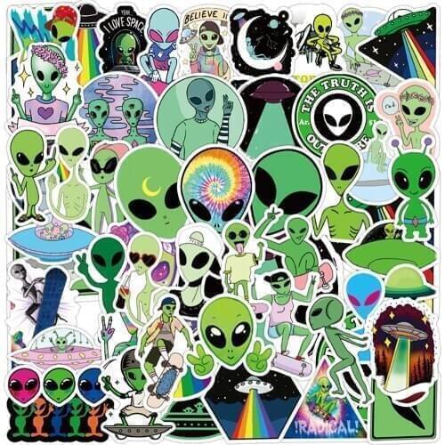 50PCS Cartoon Aliens UFO Space Stickers DIY Snowboard Laptop Luggage Fridge Guitar Graffiti Sticker Decal Cool Kid Toys Gift