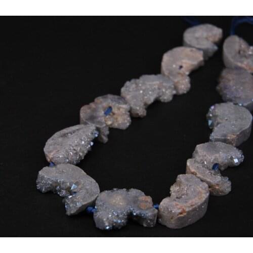 15.5"/strand Blue Grey Titanium Quartz Geode Druzy Freeform Slab Nugget Beads,Natural Crystal Drusy Moon Slice Pendant Jewelry