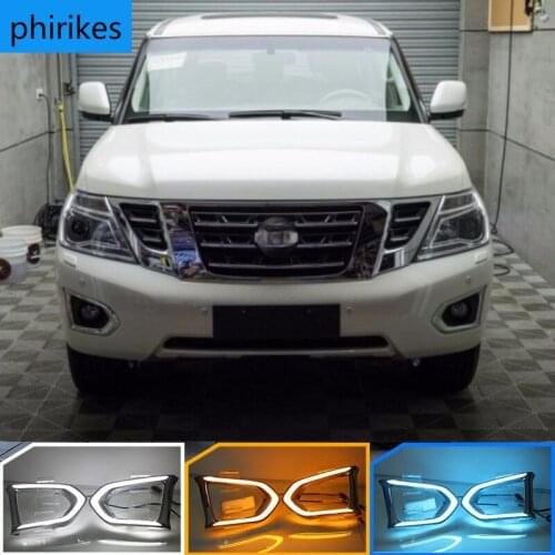 2Pcs Car LED DRL For Nissan Patrol Y62 2016 2017 2018 Daytime Running Light With Yellow Turn Signal Night Blue Fog Lamp