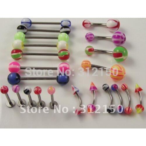 200pcs Wholesale Mix Lot body piercing jewelry Acrylic Ball Eyebrow ring Tongue ring Belly ring Lip Ring Stainless steel sharft