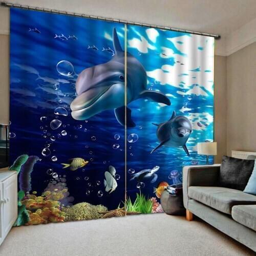 Customized 3d curtains bedroom living room balcony bay window French window shading blue ocean dolphin curtains