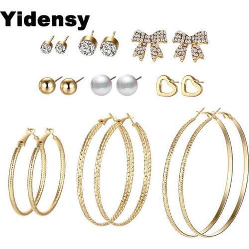 9 Pair Earring Sets Imitate Pearl Rhinestone Crystal Bow Stud Earring Big Round Earring Hoops for Women Lady Jewelry