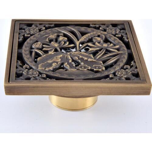 Antique Brass Vintage Carved Flower Pattern Bathroom Shower Drain 4" Square Floor Drain Waste Grates Bathroom Accessory mhr080