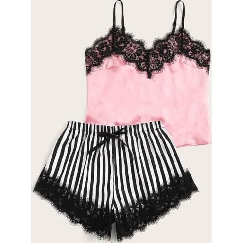 Satin Pajamas Sexy Lace Pijama Nightie Sleepwear Home Clothes Tops and Shorts Womens Silk Pajamas Solid Color Pajama Set Girls