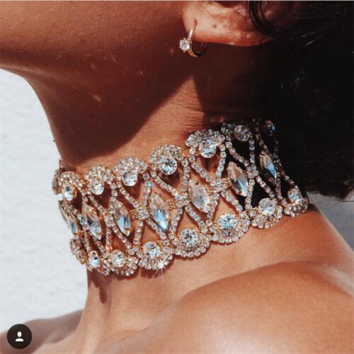 Sparkling Silver Color Crystal Collar Chain Choker Necklace Bridal Women Wedding Party Rhinestone Choker Necklace Collier Bijoux