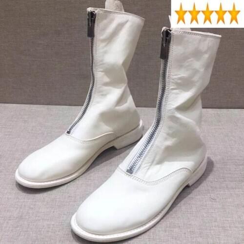 Toe Autumn Round Winter New Front Zipper Vintage Womens Genuine Leather Boots Fashion Streetwear Pleated Low Heel Mid Booties