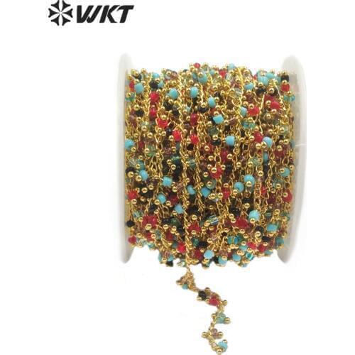 WT-RBC124 Natural Stone Chain 3mm Blue Red Stone Beads Chain With Gold Electroplated Rosary Chain For Jewelry Making