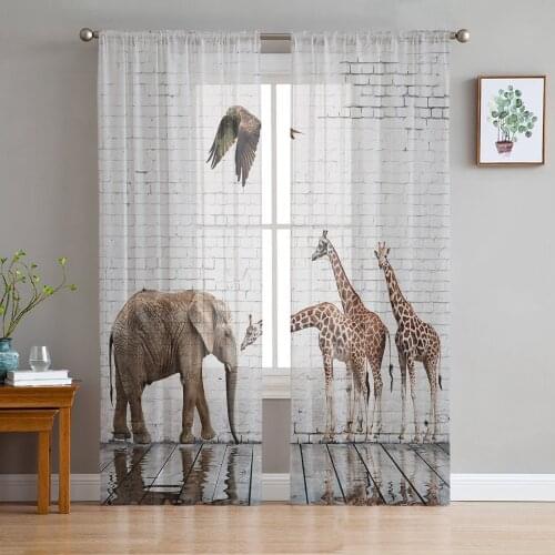 Wooden Brick Wall Elephant Giraffe Eagle Sheer Curtains for Living Room Modern Bedroom Voile Tulle Curtain Window Drapes