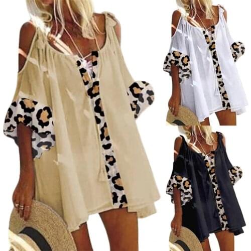 Women T-Shirt Plus Size Casual Loose Fashion Leopard Printed Patchwork Grain Summer Beach T-Shirts Vintage Lace-up T shirt