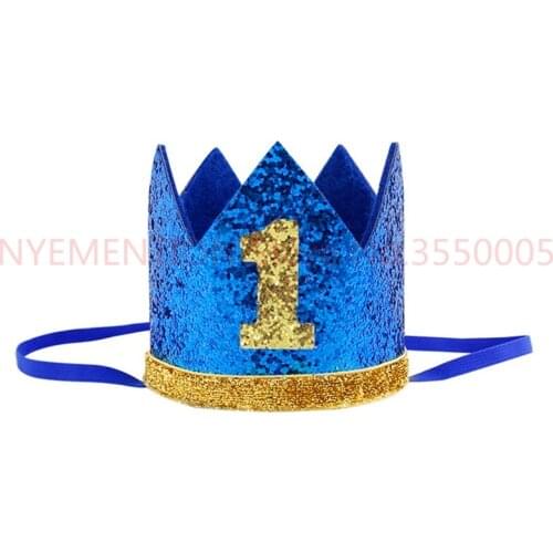 Blue Silver First Birthday Hat Girl Gold Pink Priness Crown Number 1st 2 3 Year Old Party Hat Glitter Birthday Headband 50PCS