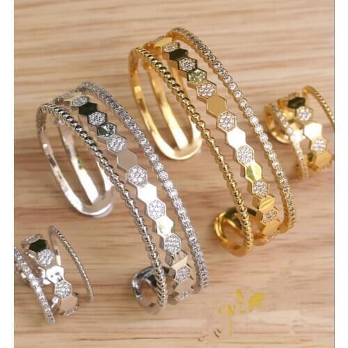 Janekelly luxury Unique African Bangle Ring Set Jewelry Sets For Women Wedding Cubic Zircon Crystal CZ Dubai Bridal Jewelry Set
