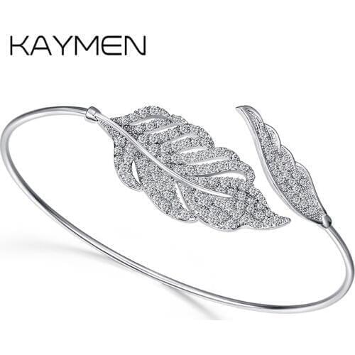 KAYMEN New Arrival Top Quality Prong Setting AAA Zircon Cuff Bracelet Bangle Plating Shining Statement Leaf Bangle